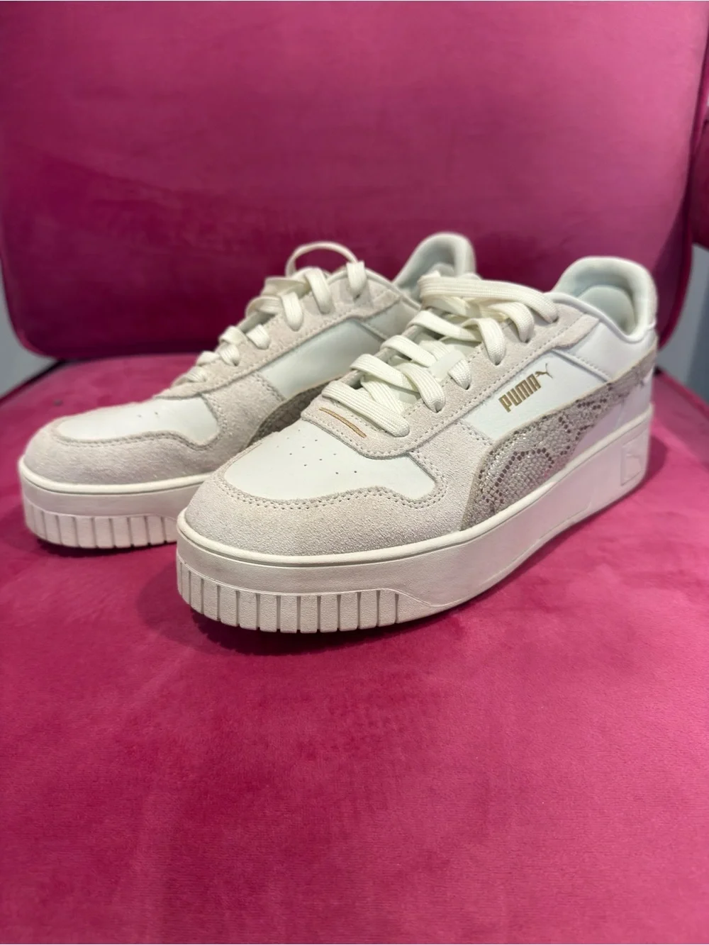 Puma Carina Women's Platform Sneakers in Light Cream and White with Snake print